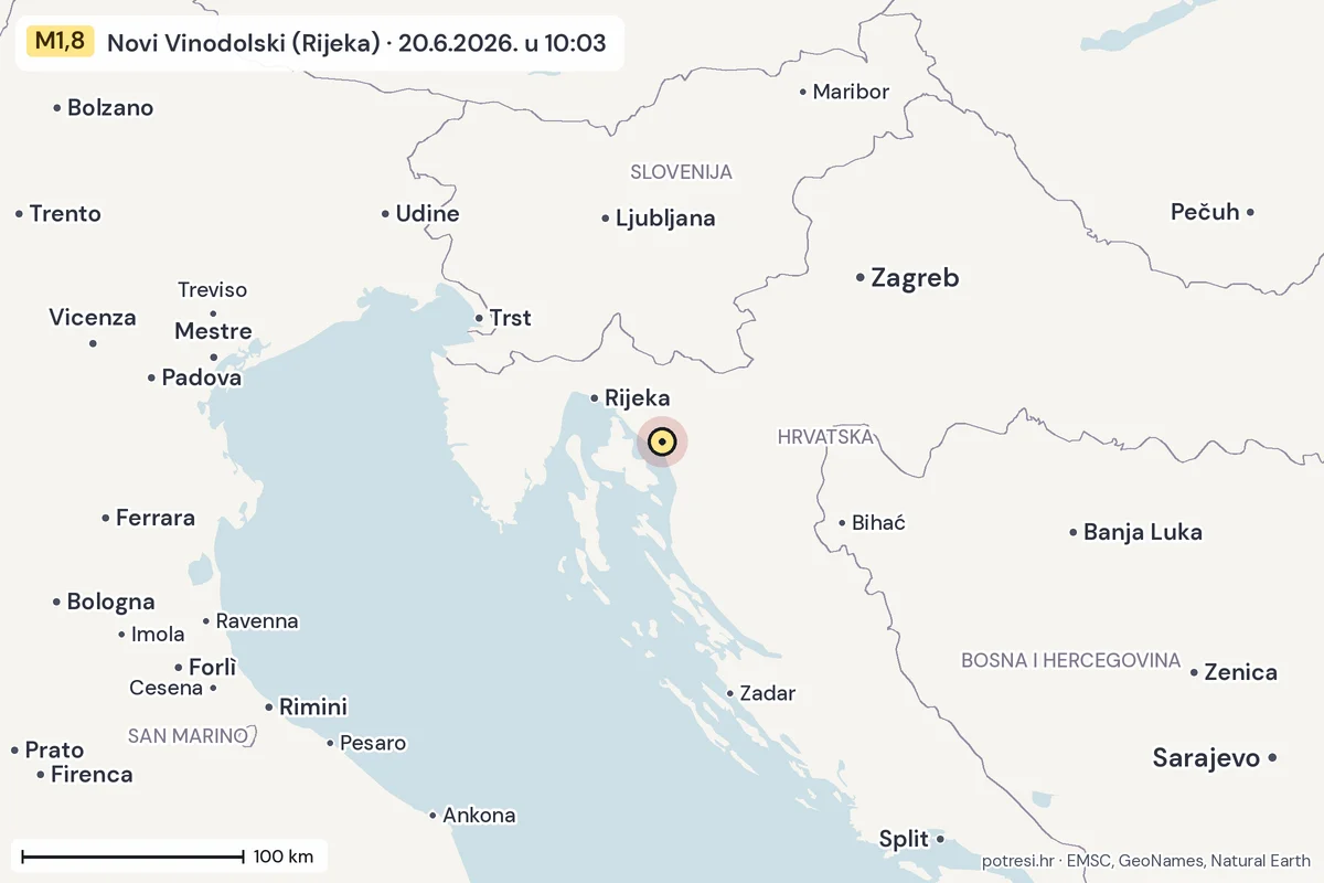 Karta: šire područje, 600 km, potres M1,8, Novi Vinodolski (Rijeka), 20.6.2026.