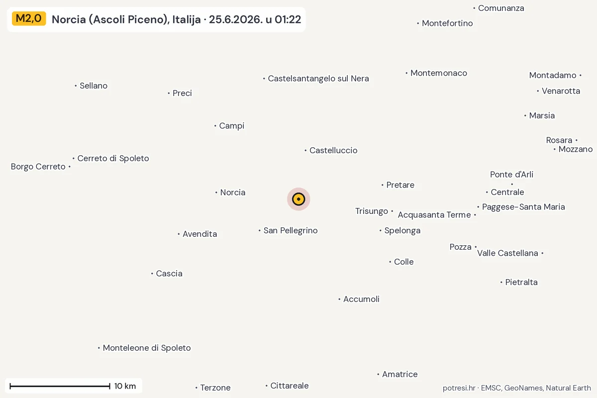 Karta: okolica epicentra, 60 km, potres M2,0, Norcia (Ascoli Piceno), Italija, 25.6.2026.