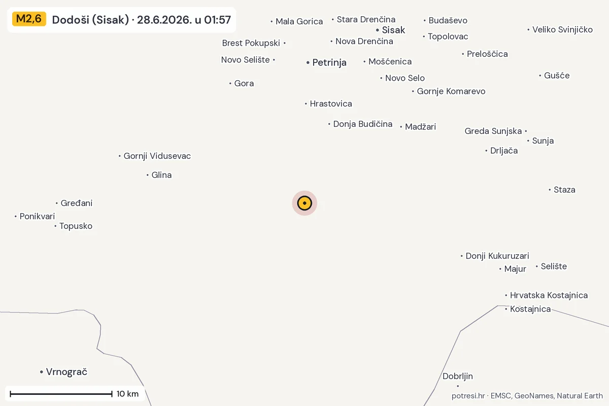Karta: okolica epicentra, 60 km, potres M2,6, Dodoši (Sisak), 28.6.2026.
