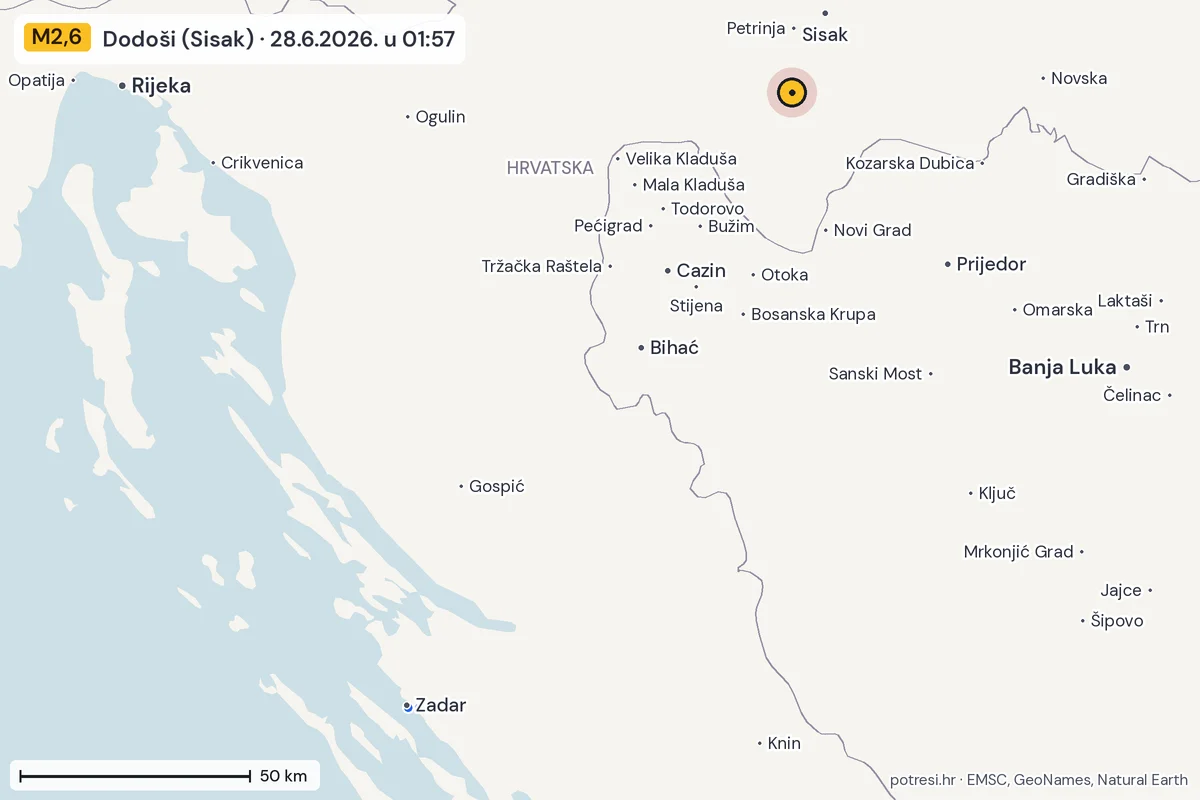 Karta: izvješća građana, potres M2,6, Dodoši (Sisak), 28.6.2026.