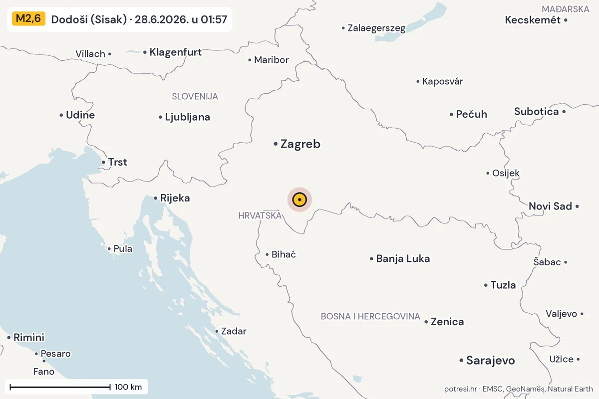 Karta: šire područje, 600 km, potres M2,6, Dodoši (Sisak), 28.6.2026.