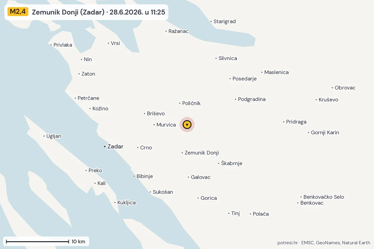 Karta: okolica epicentra, 60 km, potres M2,4, Zemunik Donji (Zadar), 28.6.2026.