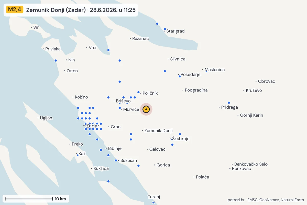 Karta: izvješća građana, potres M2,4, Zemunik Donji (Zadar), 28.6.2026.