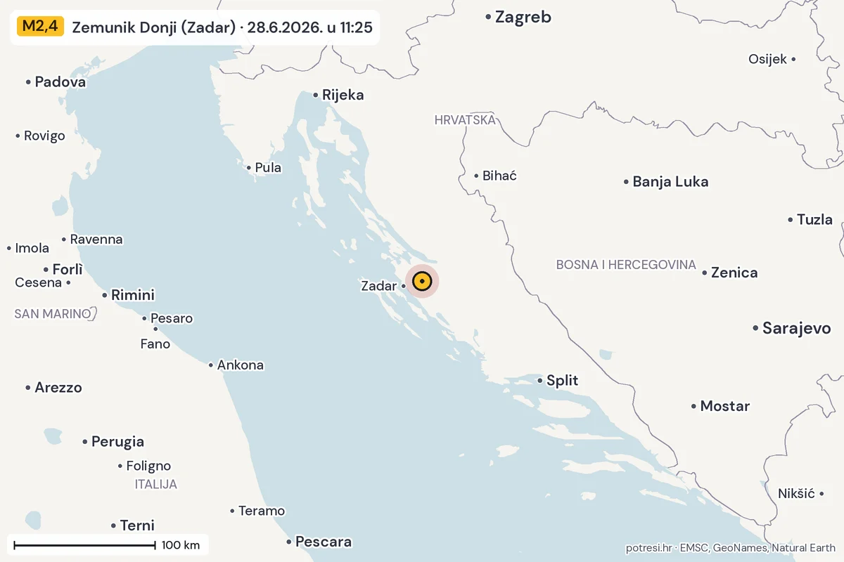 Karta: šire područje, 600 km, potres M2,4, Zemunik Donji (Zadar), 28.6.2026.