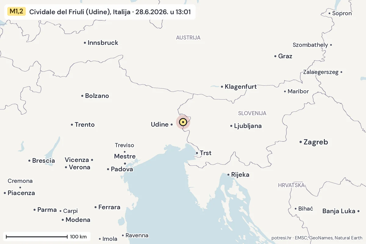 Karta: šire područje, 600 km, potres M1,2, Cividale del Friuli (Udine), Italija, 28.6.2026.
