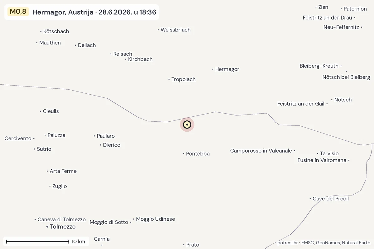 Karta: okolica epicentra, 60 km, potres M0,8, Hermagor, Austrija, 28.6.2026.