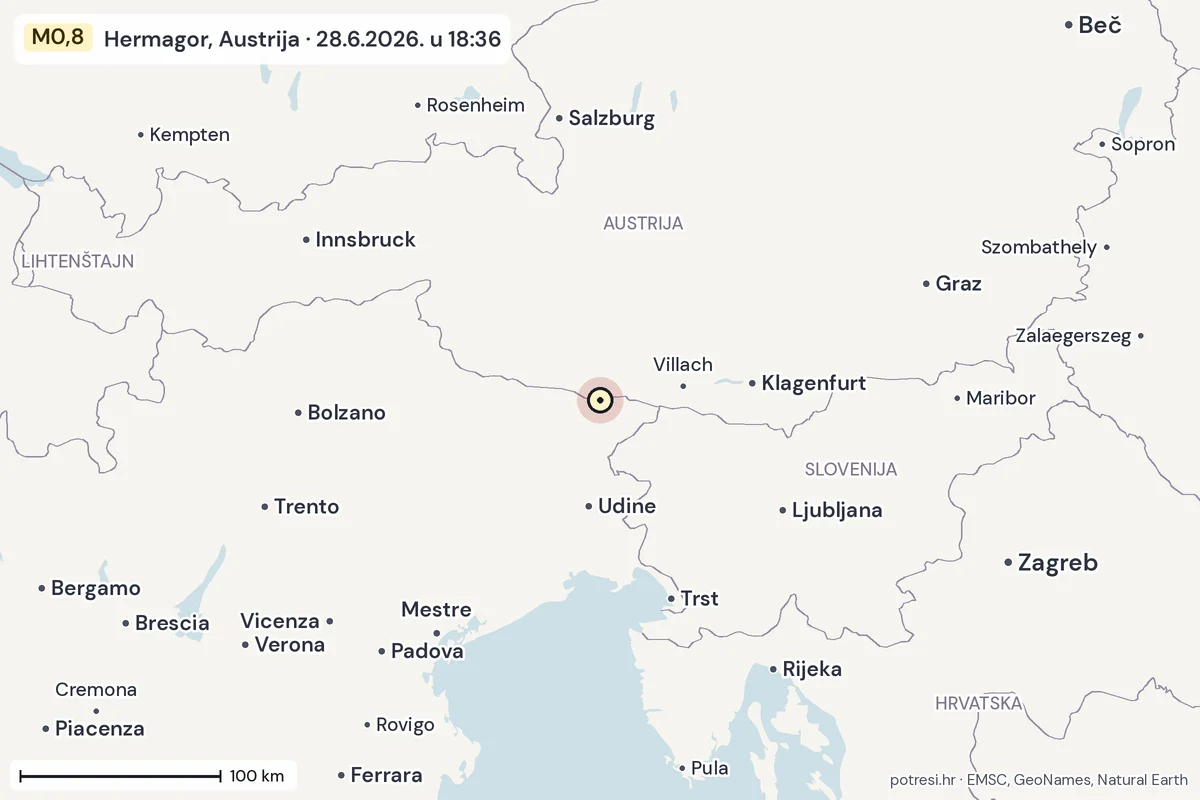 Karta: šire područje, 600 km, potres M0,8, Hermagor, Austrija, 28.6.2026.