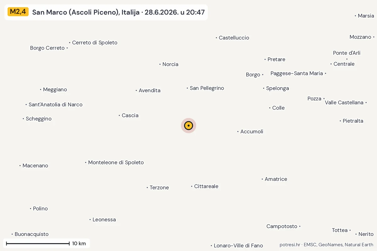 Karta: okolica epicentra, 60 km, potres M2,4, San Marco (Ascoli Piceno), Italija, 28.6.2026.