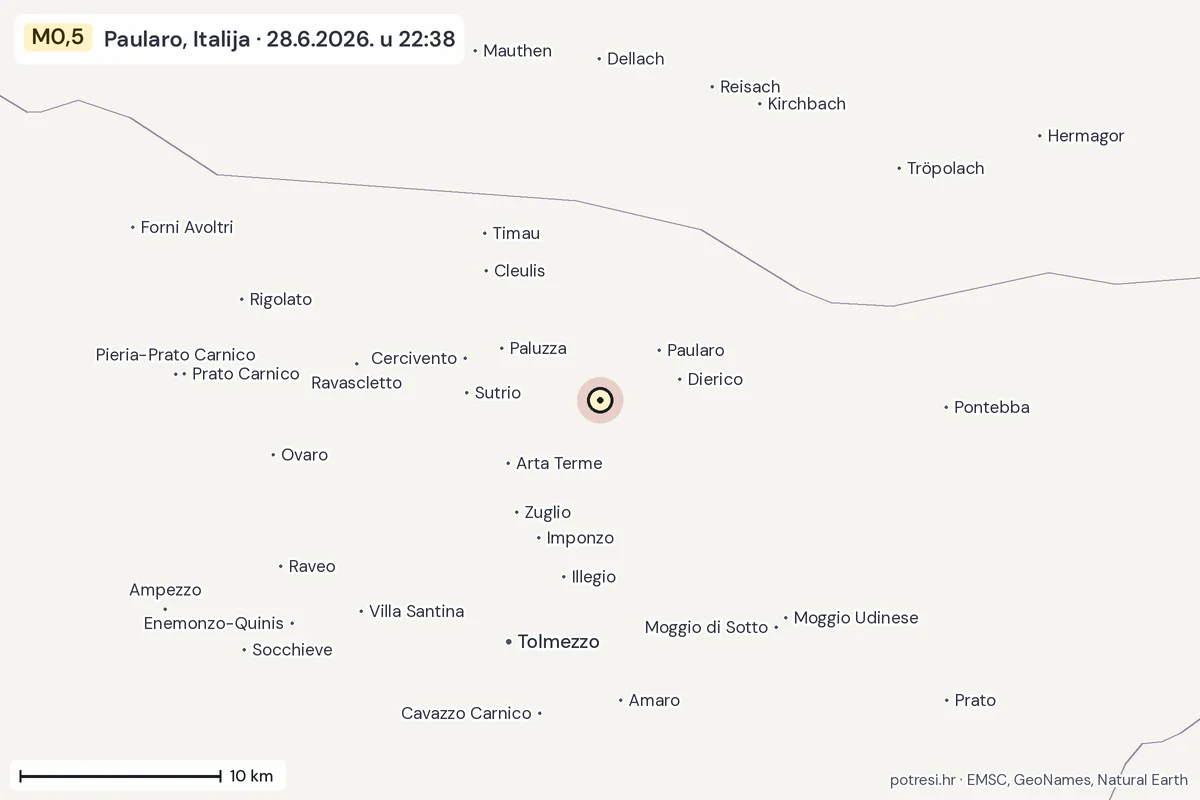 Karta: okolica epicentra, 60 km, potres M0,5, Paularo, Italija, 28.6.2026.