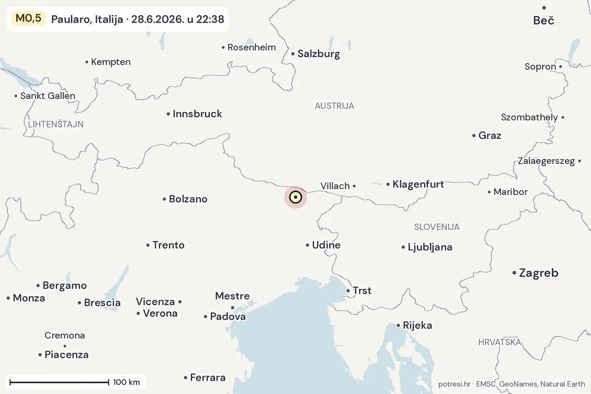 Karta: šire područje, 600 km, potres M0,5, Paularo, Italija, 28.6.2026.