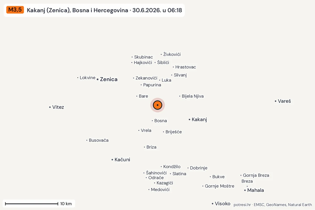 Karta: okolica epicentra, 60 km, potres M3,5, Kakanj (Zenica), Bosna i Hercegovina, 30.6.2026.