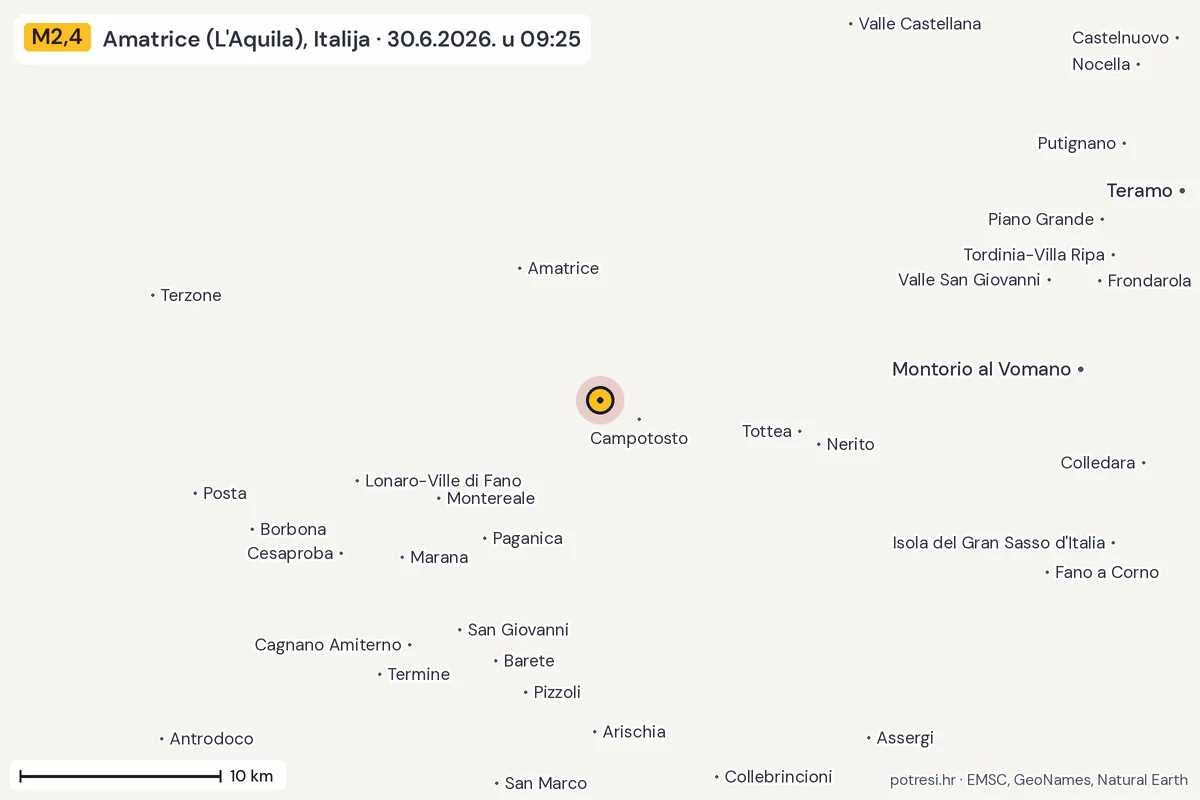Karta: okolica epicentra, 60 km, potres M2,4, Amatrice (L'Aquila), Italija, 30.6.2026.