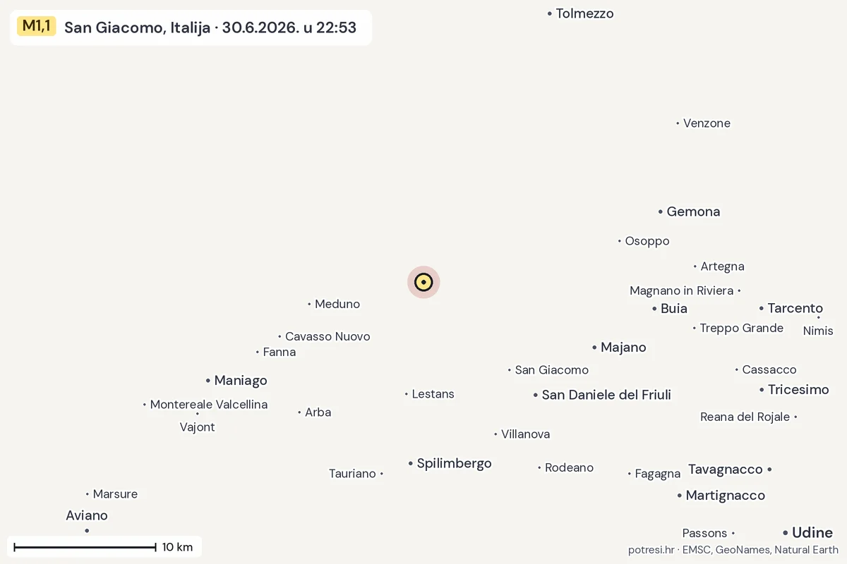 Karta: okolica epicentra, 60 km, potres M1,1, San Giacomo, Italija, 30.6.2026.