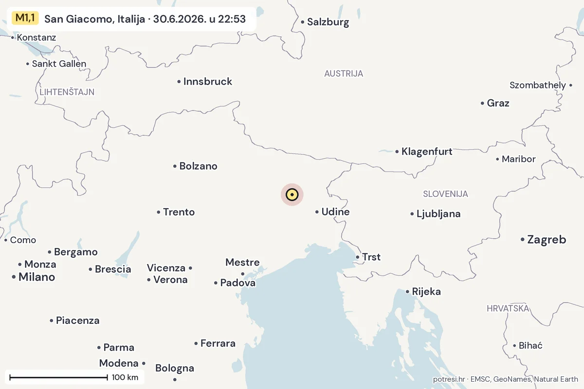 Karta: šire područje, 600 km, potres M1,1, San Giacomo, Italija, 30.6.2026.