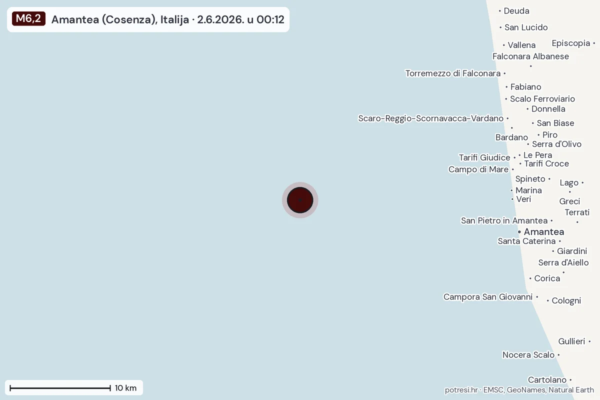 Karta: okolica epicentra, 60 km, potres M6,2, Amantea (Cosenza), Italija, 2.6.2026.