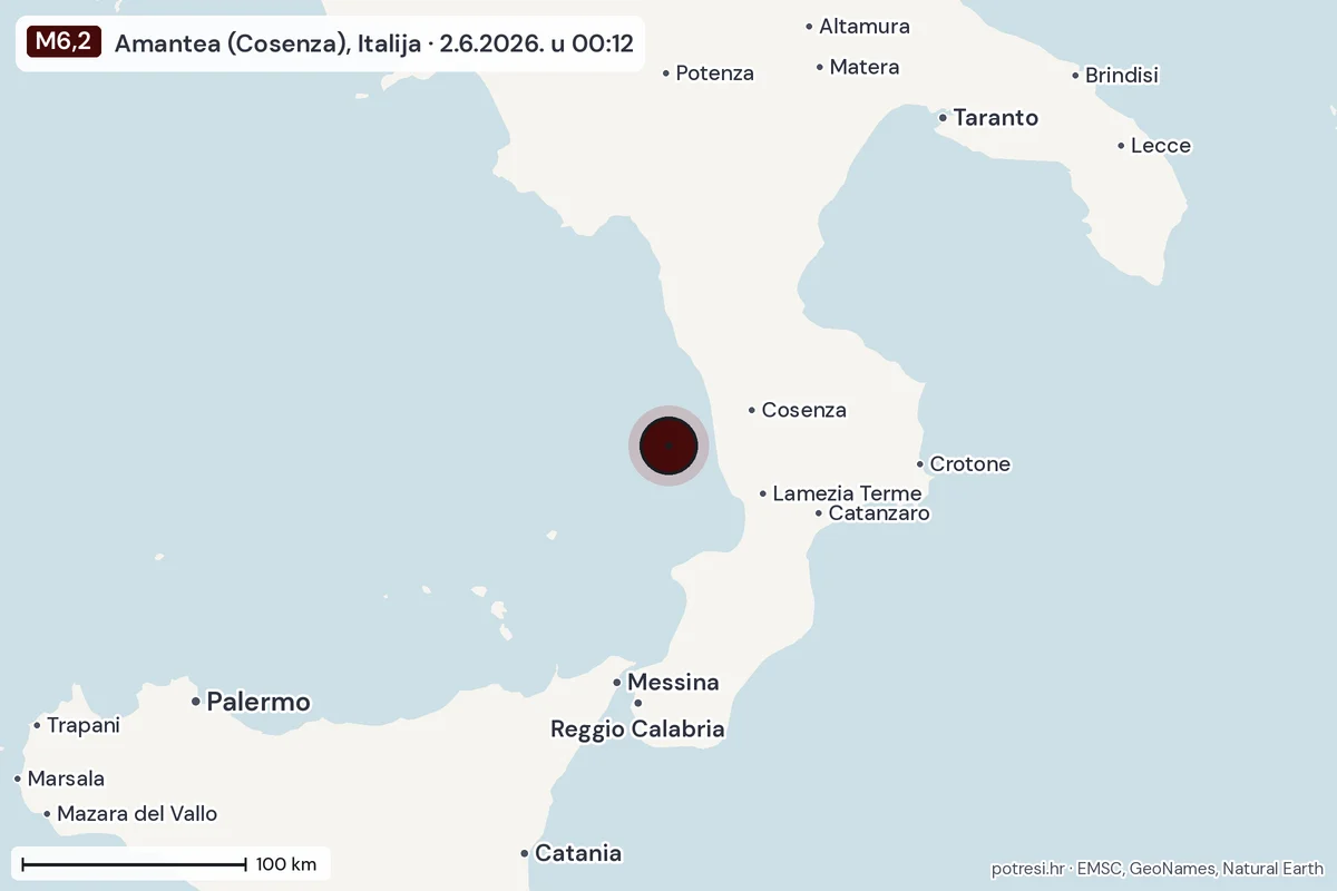 Karta: šire područje, 600 km, potres M6,2, Amantea (Cosenza), Italija, 2.6.2026.