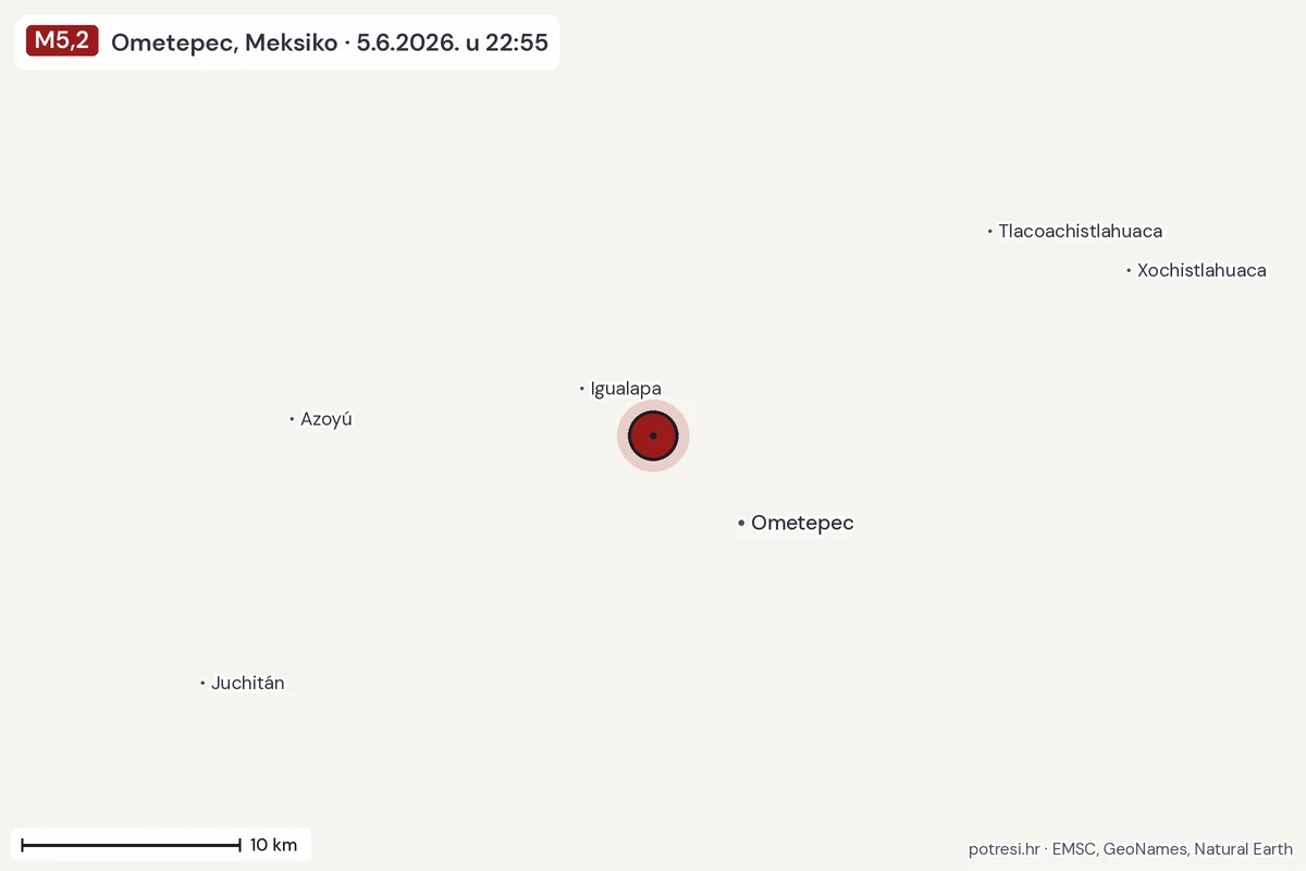 Karta: okolica epicentra, 60 km, potres M5,2, Ometepec, Meksiko, 5.6.2026.
