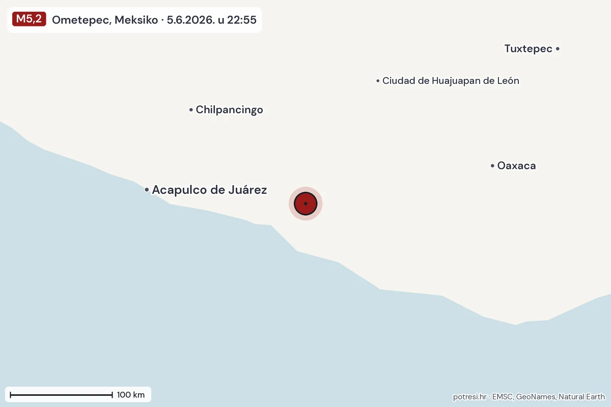 Karta: šire područje, 600 km, potres M5,2, Ometepec, Meksiko, 5.6.2026.
