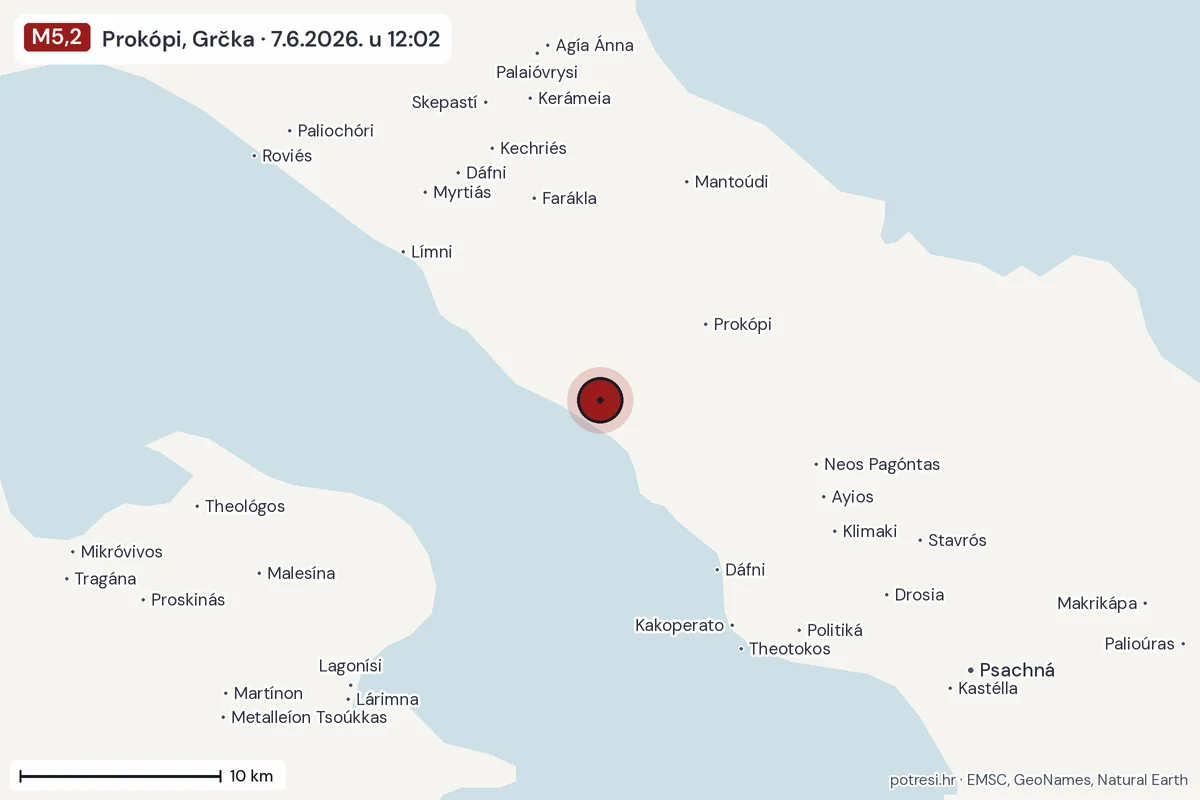 Karta: okolica epicentra, 60 km, potres M5,2, Prokópi, Grčka, 7.6.2026.
