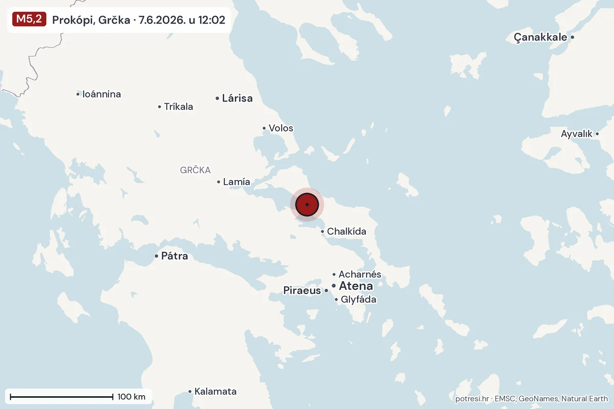 Karta: šire područje, 600 km, potres M5,2, Prokópi, Grčka, 7.6.2026.