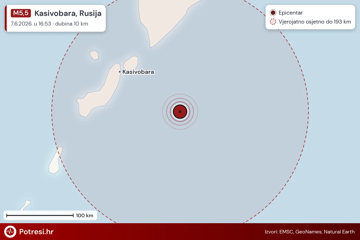 Karta: šire područje i vjerojatni doseg osjeta, potres M5,5, Kasivobara, Rusija, 7.6.2026.