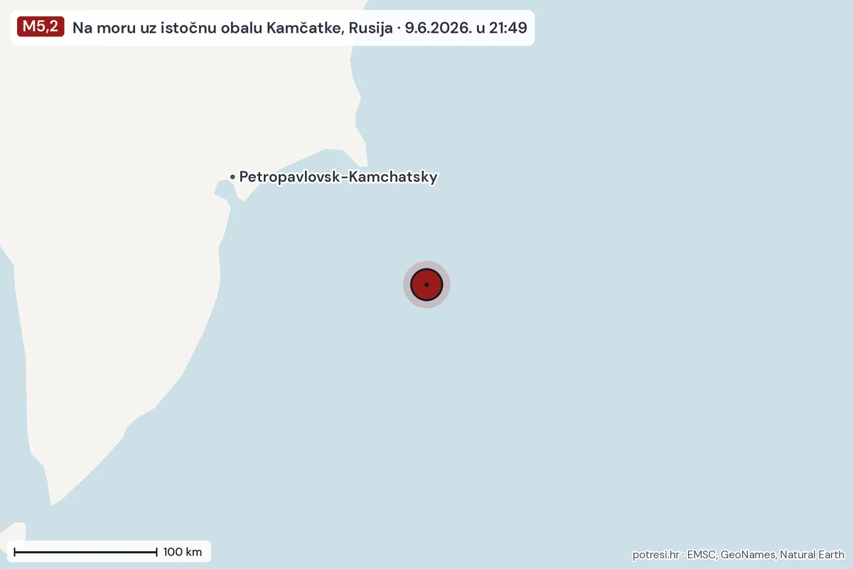 Karta: šire područje, 600 km, potres M5,2, Na moru uz istočnu obalu Kamčatke, Rusija, 9.6.2026.