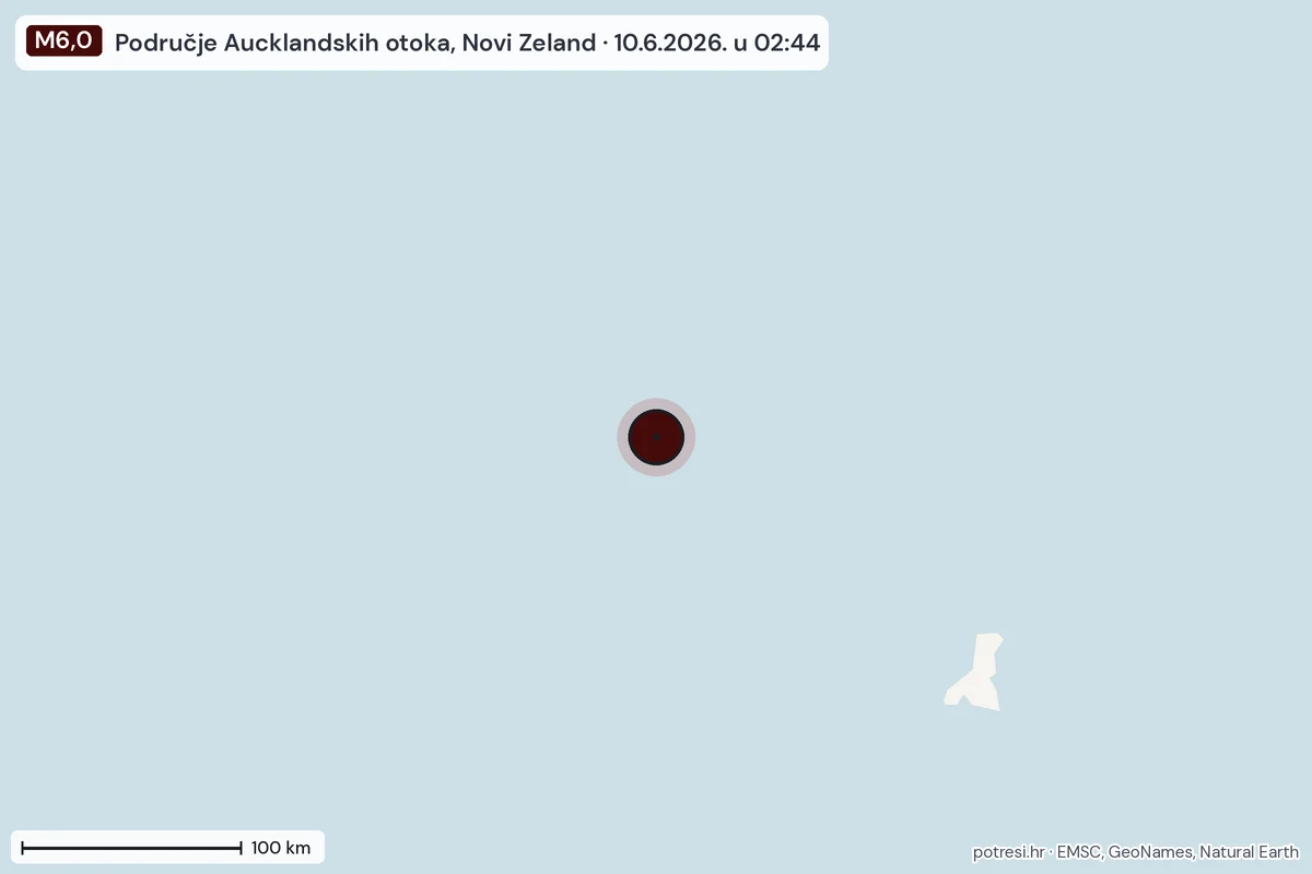 Karta: šire područje, 600 km, potres M6,0, Područje Aucklandskih otoka, Novi Zeland, 10.6.2026.