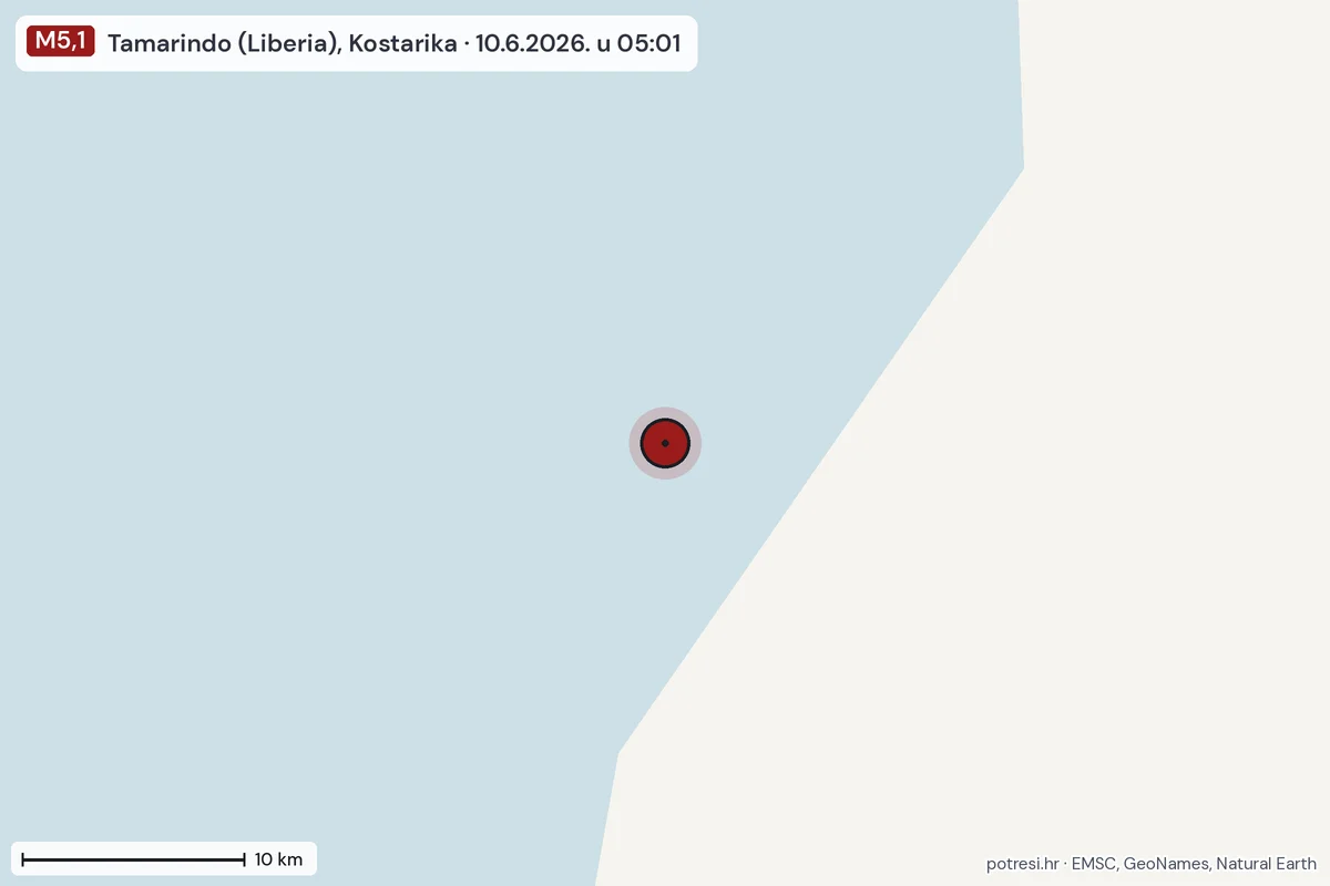 Karta: okolica epicentra, 60 km, potres M5,1, Tamarindo (Liberia), Kostarika, 10.6.2026.