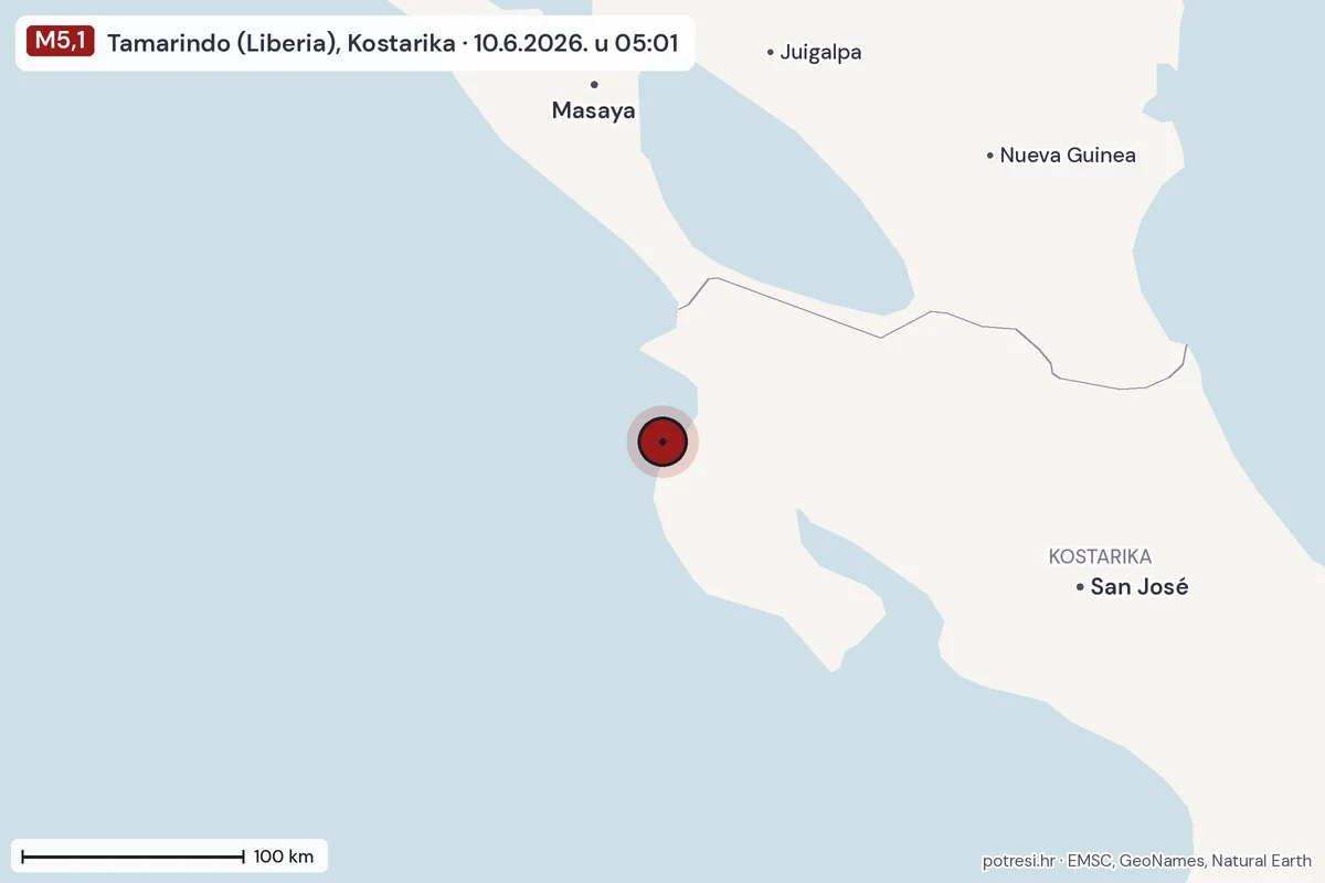 Karta: šire područje, 600 km, potres M5,1, Tamarindo (Liberia), Kostarika, 10.6.2026.