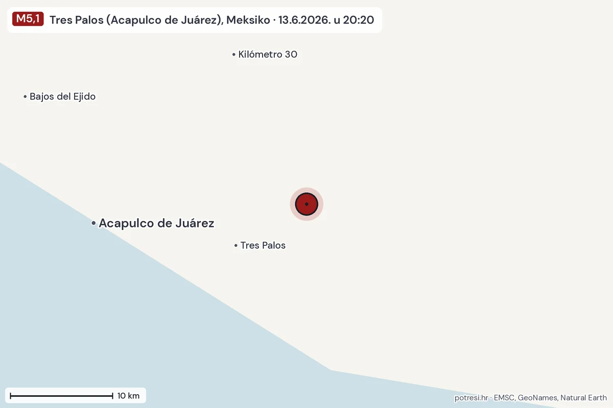 Karta: okolica epicentra, 60 km, potres M5,1, Tres Palos (Acapulco de Juárez), Meksiko, 13.6.2026.