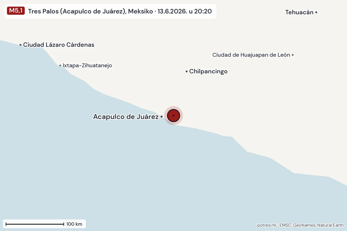 Karta: šire područje, 600 km, potres M5,1, Tres Palos (Acapulco de Juárez), Meksiko, 13.6.2026.