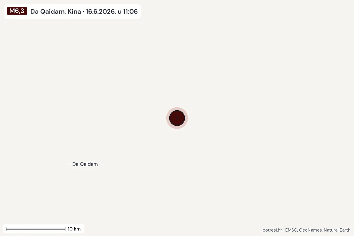 Karta: okolica epicentra, 60 km, potres M6,3, Da Qaidam, Kina, 16.6.2026.