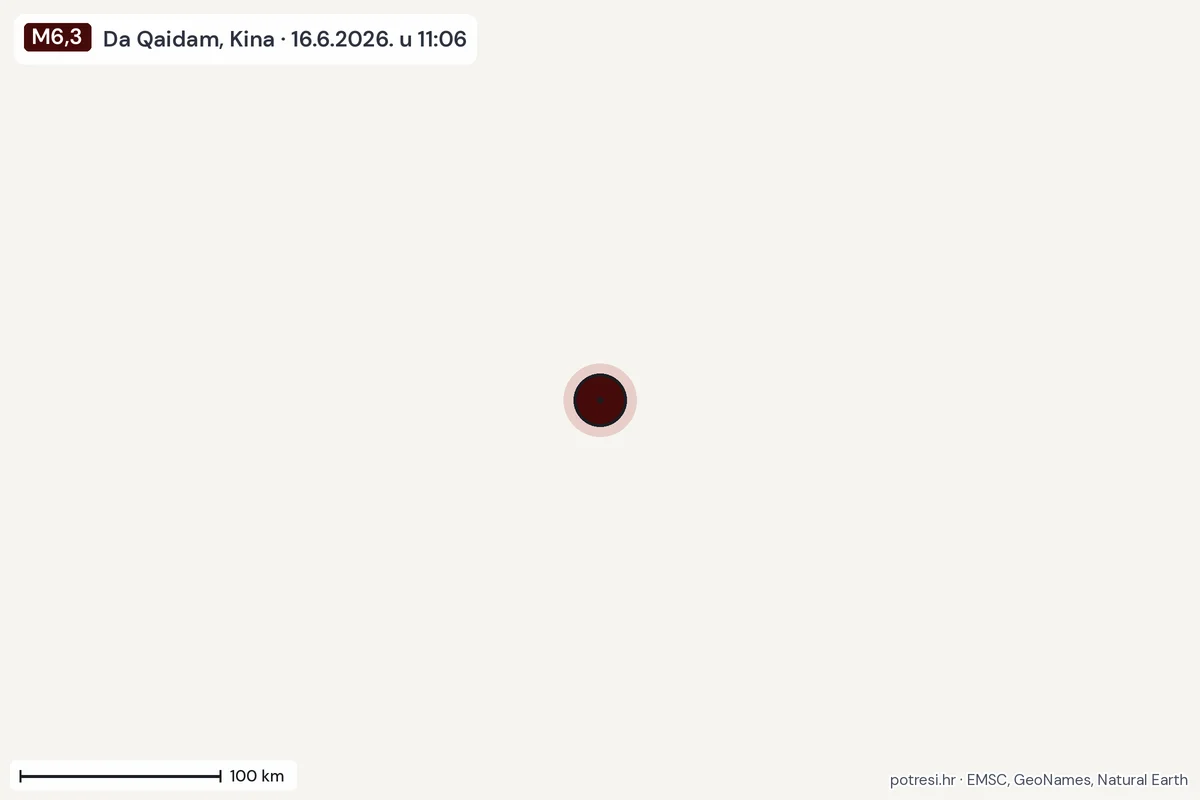 Karta: šire područje, 600 km, potres M6,3, Da Qaidam, Kina, 16.6.2026.