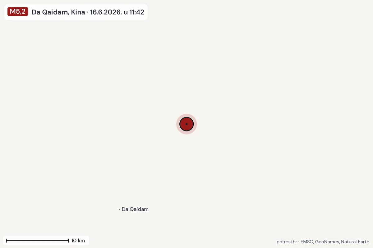 Karta: okolica epicentra, 60 km, potres M5,2, Da Qaidam, Kina, 16.6.2026.