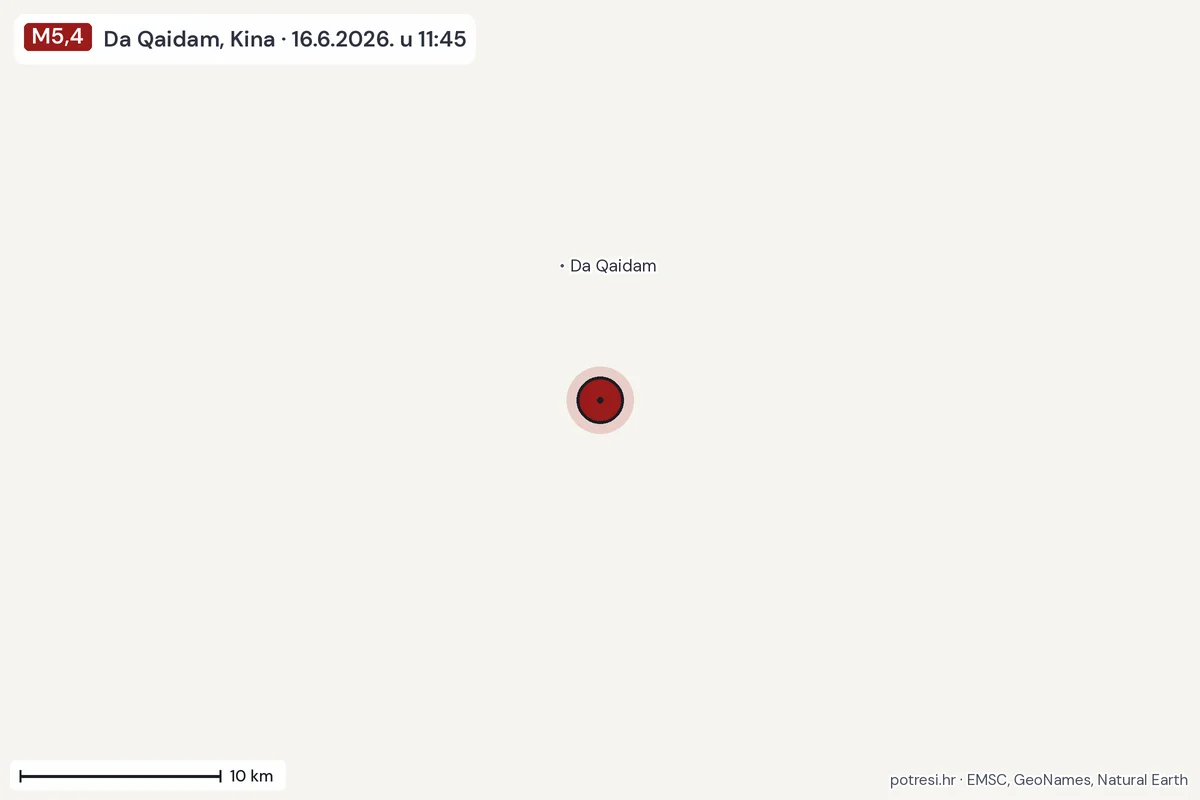 Karta: okolica epicentra, 60 km, potres M5,4, Da Qaidam, Kina, 16.6.2026.