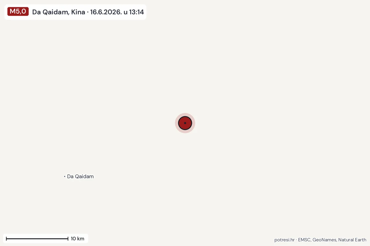 Karta: okolica epicentra, 60 km, potres M5,0, Da Qaidam, Kina, 16.6.2026.