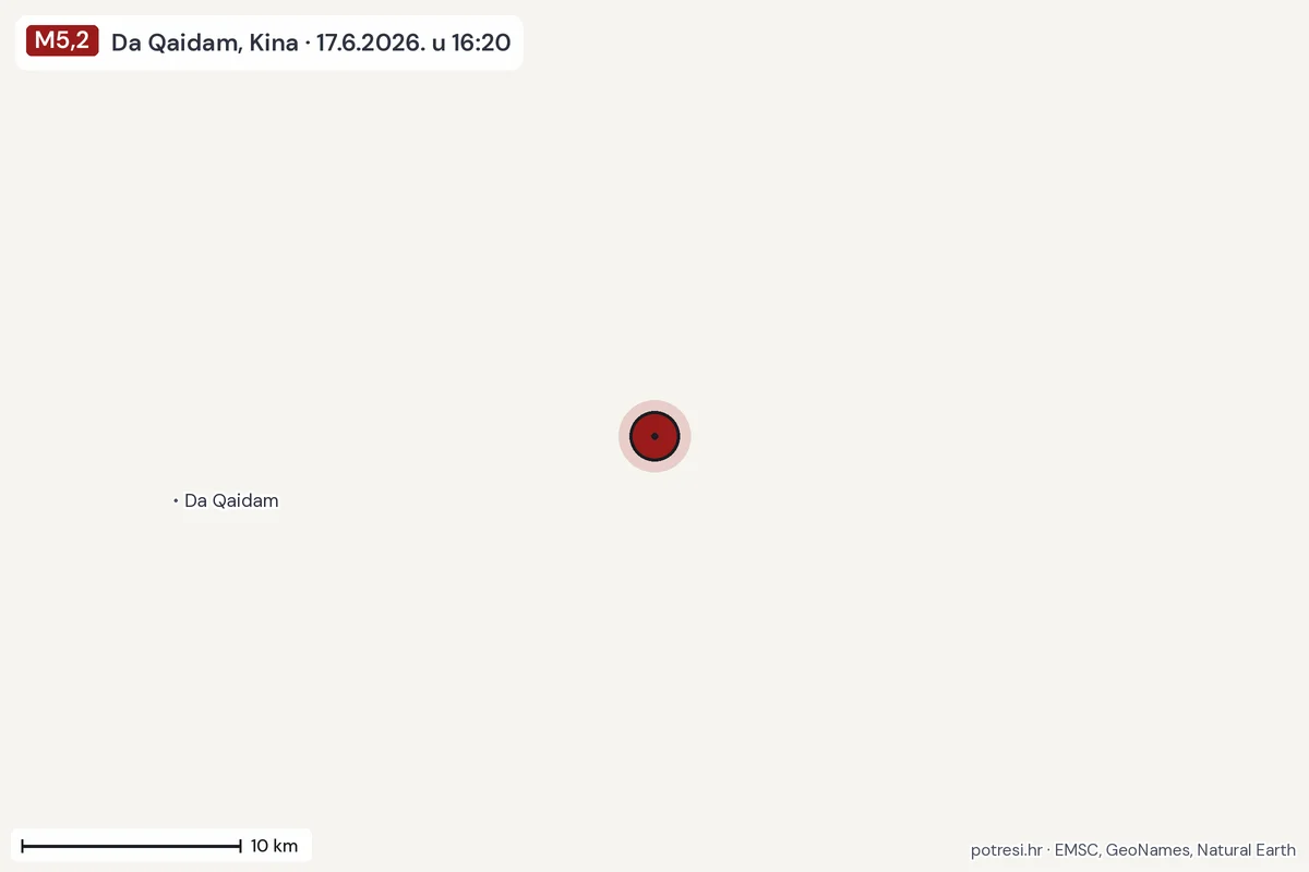 Karta: okolica epicentra, 60 km, potres M5,2, Da Qaidam, Kina, 17.6.2026.