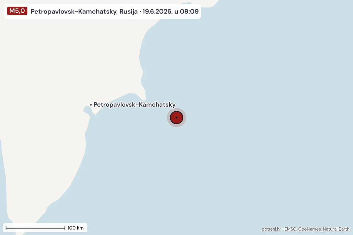 Karta: šire područje, 600 km, potres M5,0, Petropavlovsk-Kamchatsky, Rusija, 19.6.2026.