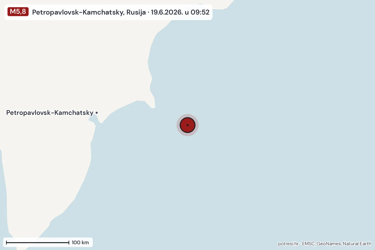 Karta: šire područje, 600 km, potres M5,8, Petropavlovsk-Kamchatsky, Rusija, 19.6.2026.
