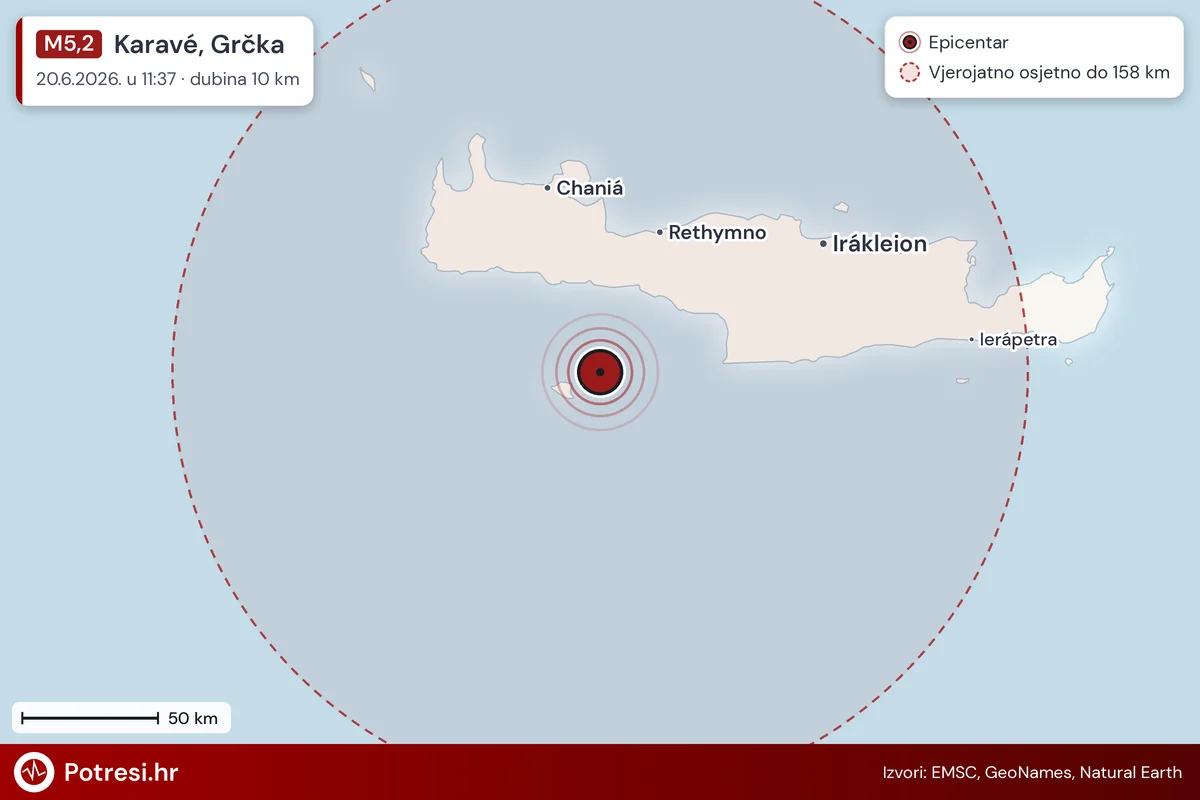 Karta: šire područje i vjerojatni doseg osjeta, potres M5,2, Karavé, Grčka, 20.6.2026.