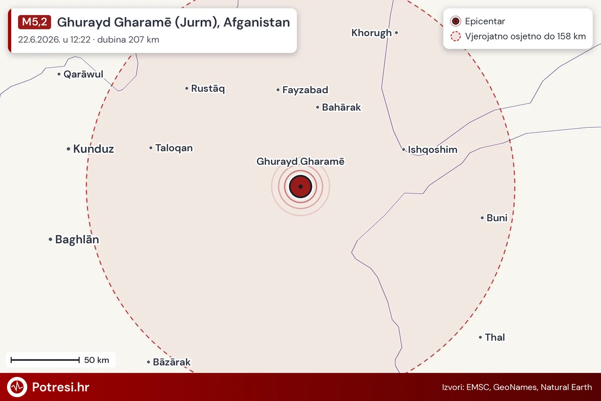 Karta: šire područje i vjerojatni doseg osjeta, potres M5,2, Ghurayd Gharamē (Jurm), Afganistan, 22.6.2026.