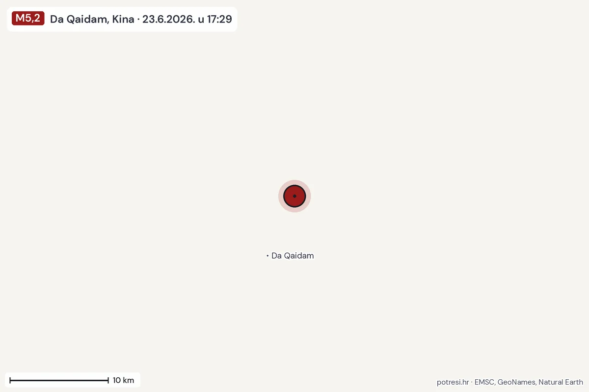 Karta: okolica epicentra, 60 km, potres M5,2, Da Qaidam, Kina, 23.6.2026.