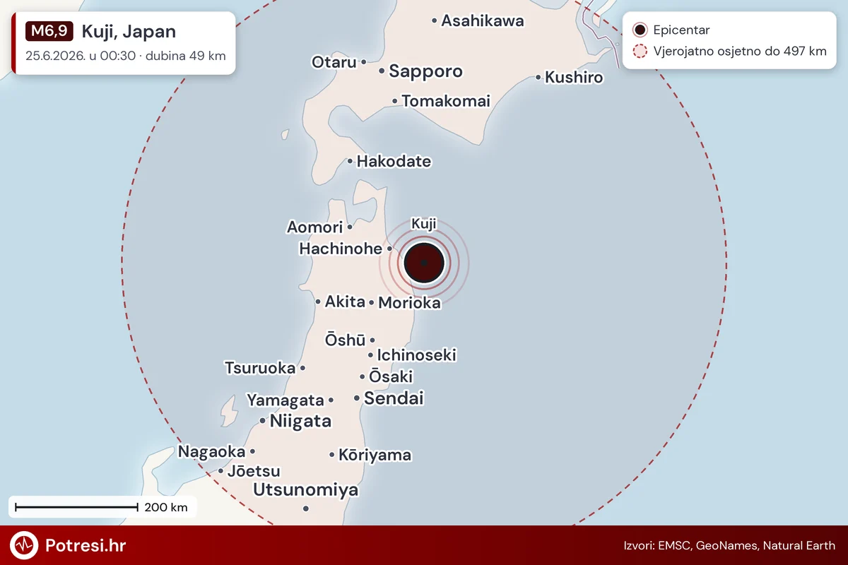 Karta: šire područje i vjerojatni doseg osjeta, potres M6,9, Kuji, Japan, 25.6.2026.