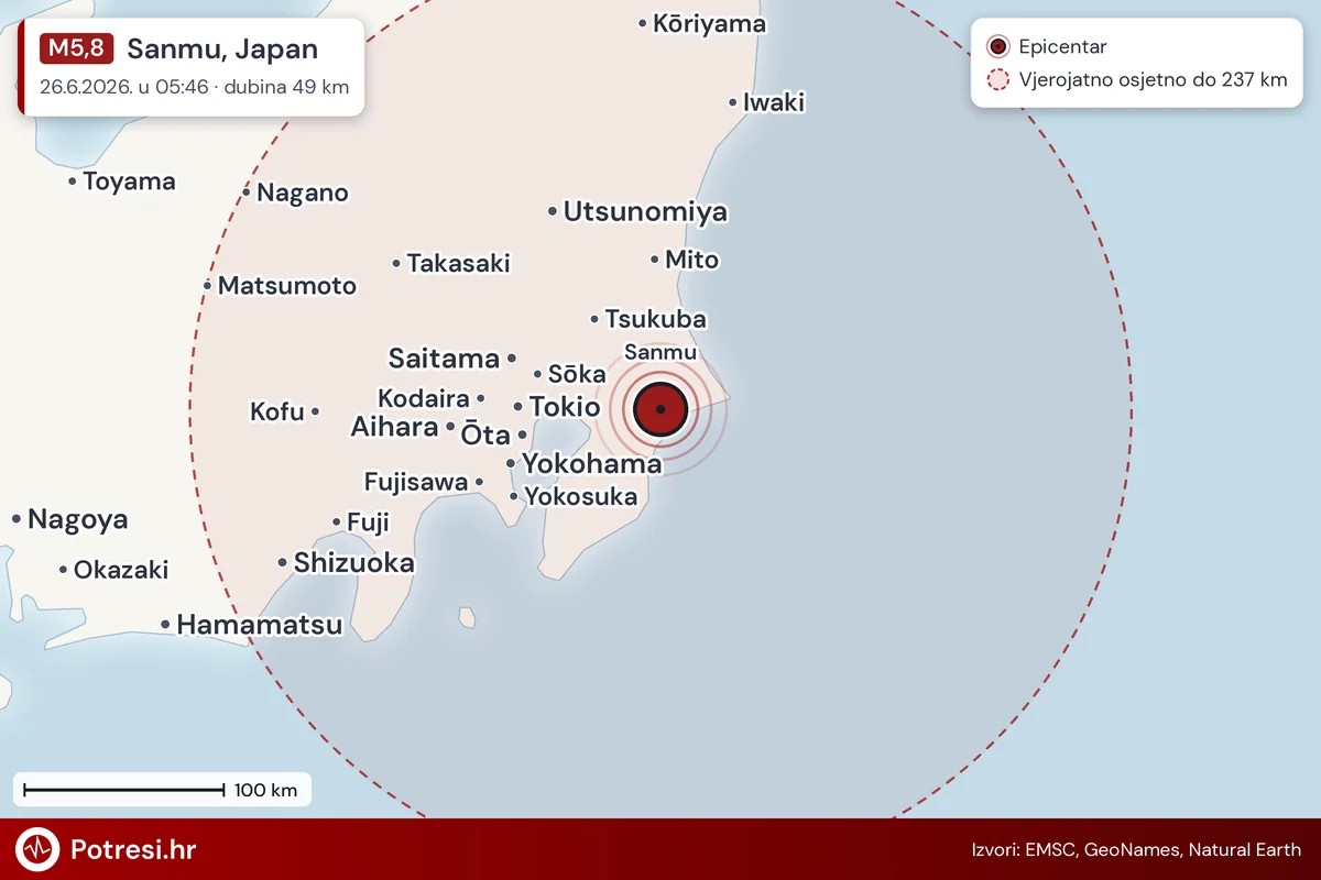 Karta: šire područje i vjerojatni doseg osjeta, potres M5,8, Sanmu, Japan, 26.6.2026.