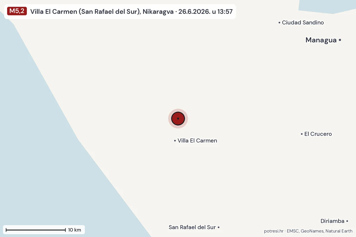 Karta: okolica epicentra, 60 km, potres M5,2, Villa El Carmen (San Rafael del Sur), Nikaragva, 26.6.2026.