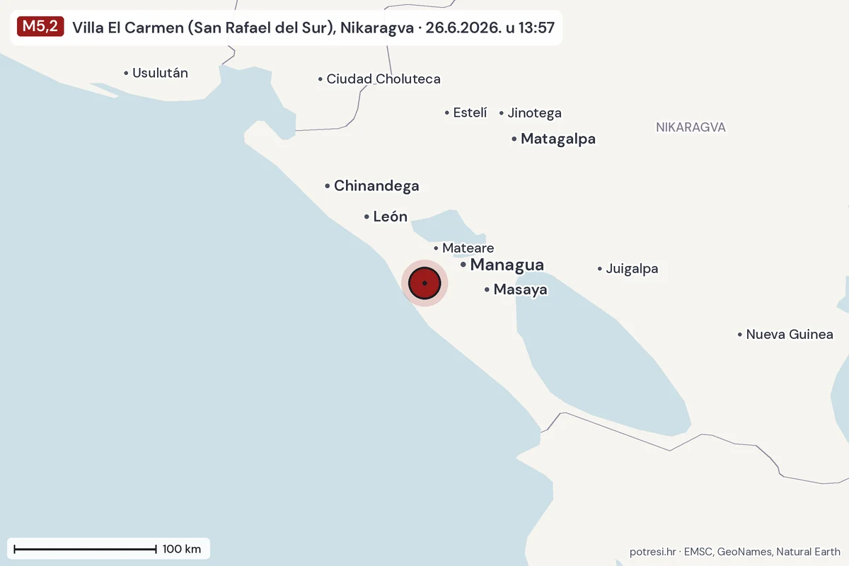 Karta: šire područje, 600 km, potres M5,2, Villa El Carmen (San Rafael del Sur), Nikaragva, 26.6.2026.