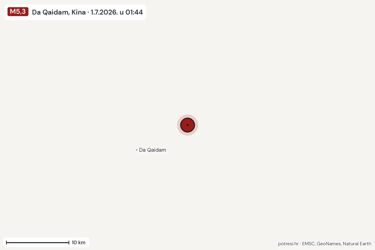 Karta: okolica epicentra, 60 km, potres M5,3, Da Qaidam, Kina, 1.7.2026.