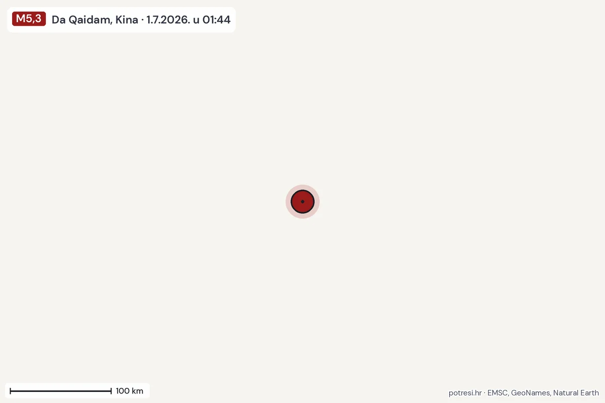 Karta: šire područje, 600 km, potres M5,3, Da Qaidam, Kina, 1.7.2026.