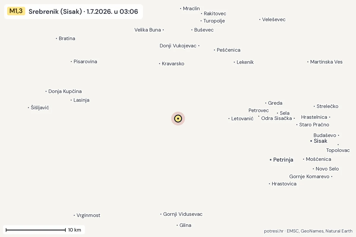 Karta: okolica epicentra, 60 km, potres M1,3, Srebrenik (Sisak), 1.7.2026.