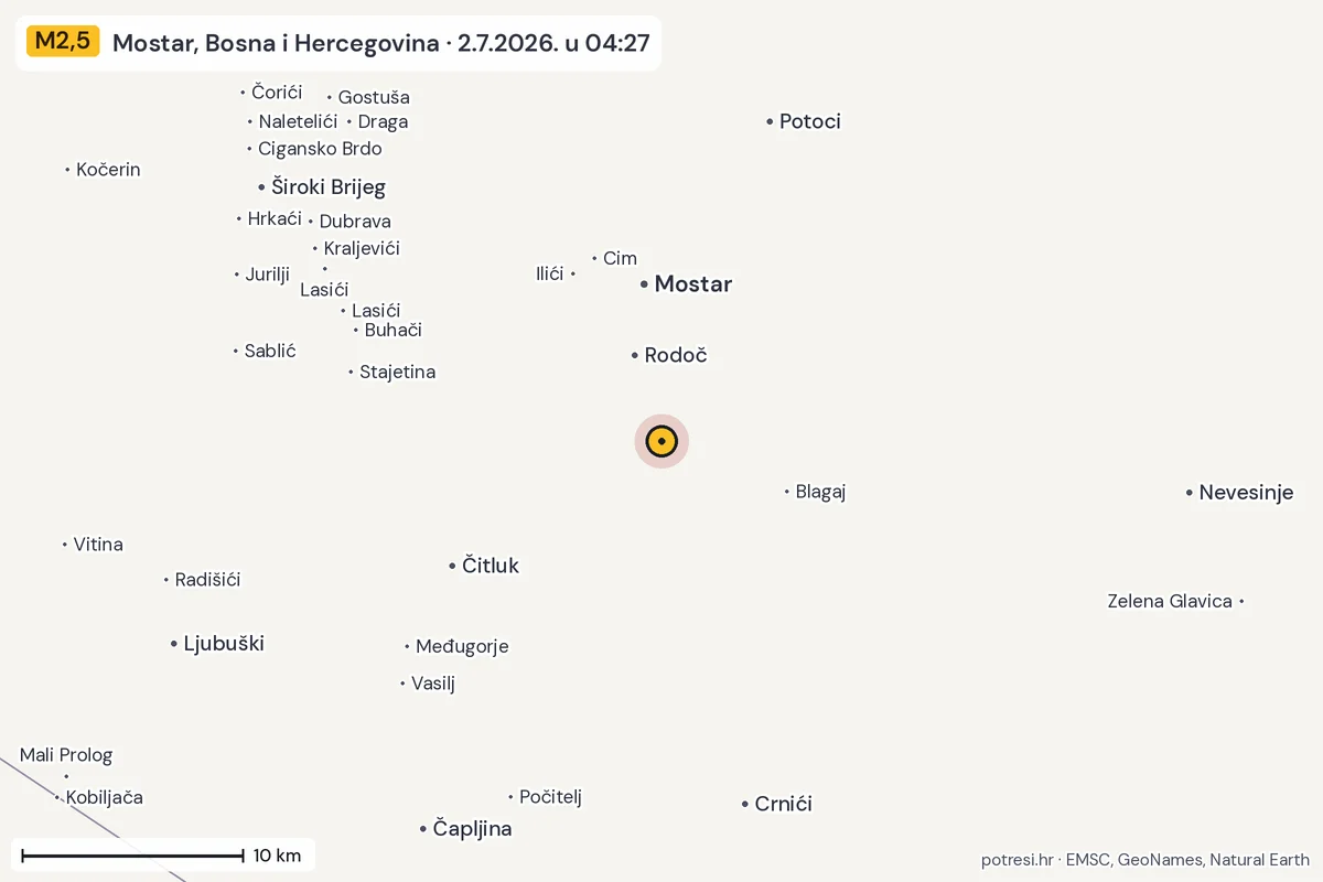Karta: okolica epicentra, 60 km, potres M2,5, Mostar, Bosna i Hercegovina, 2.7.2026.